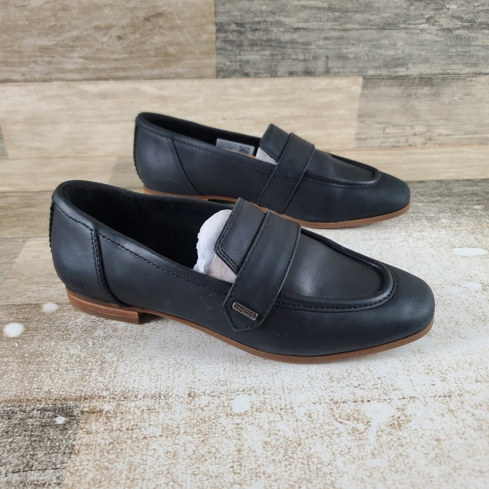 TOMS Lynette Womens Loafers Sz 5 Black Leather Slip On Square Moccasin Toe